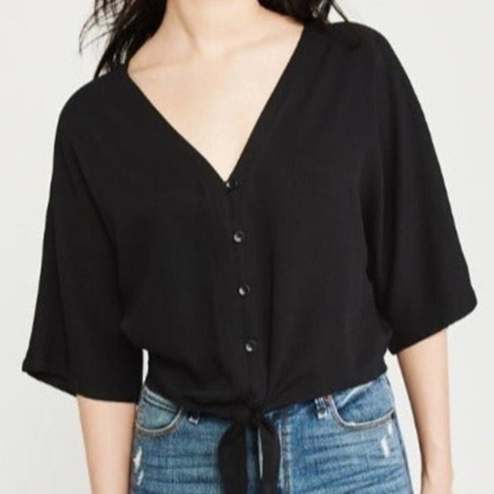 Abercrombie Fitch Black V-Neck Button Front Tie Waist Cropped Top‎ Womens XS